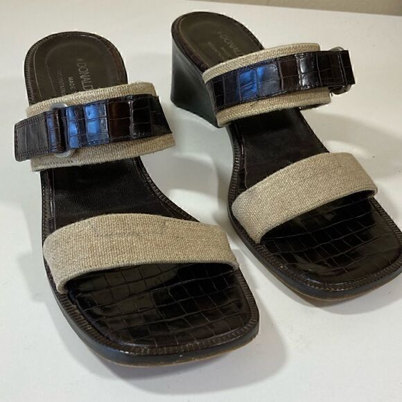 DONALD PLINER CROC EMBOSSED LEATHER & Canvas Women’s open toe sandals size 9 GUC - Picture 1 of 16